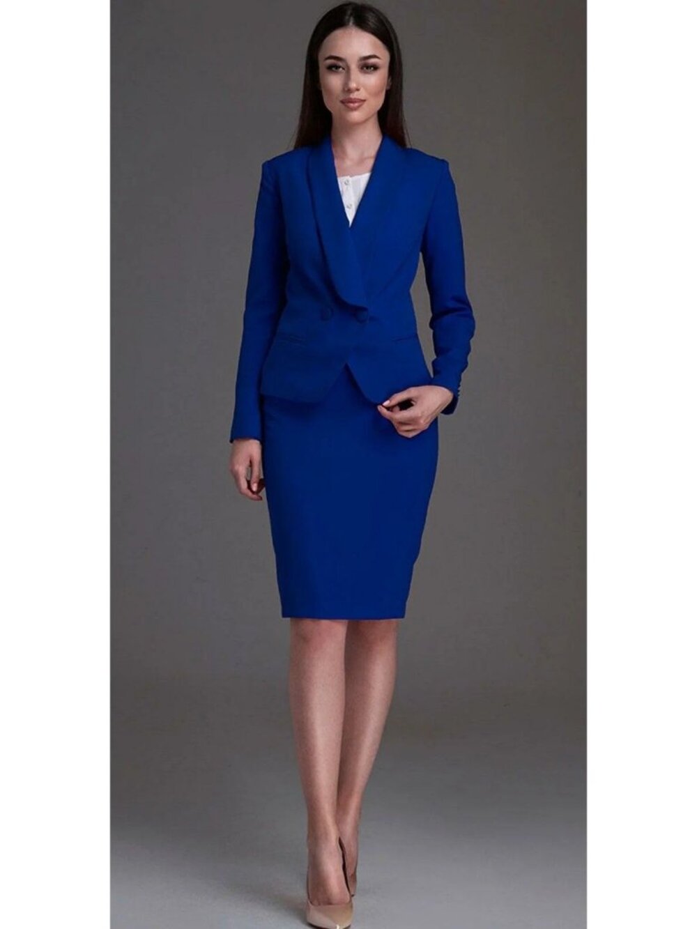 Anne Klein Office Suit Blazer Skirt Size 2Petites Royal Blue Classic 3 Button
